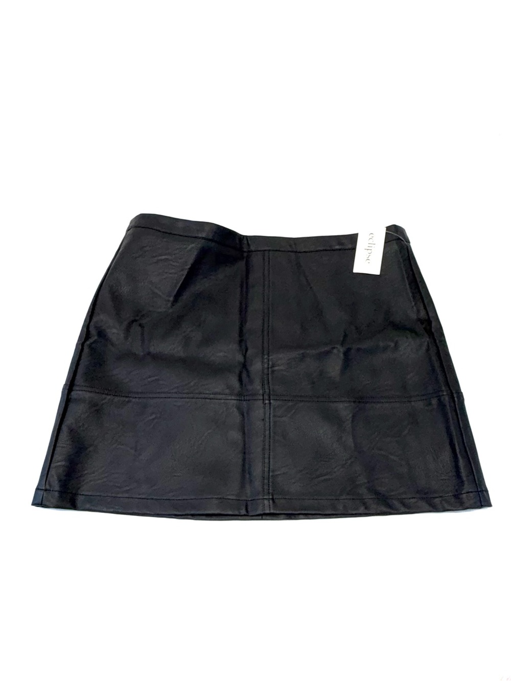 NWT Eclipse Black Faux Leather Paneled A-Line Mini Skirt - Size Large